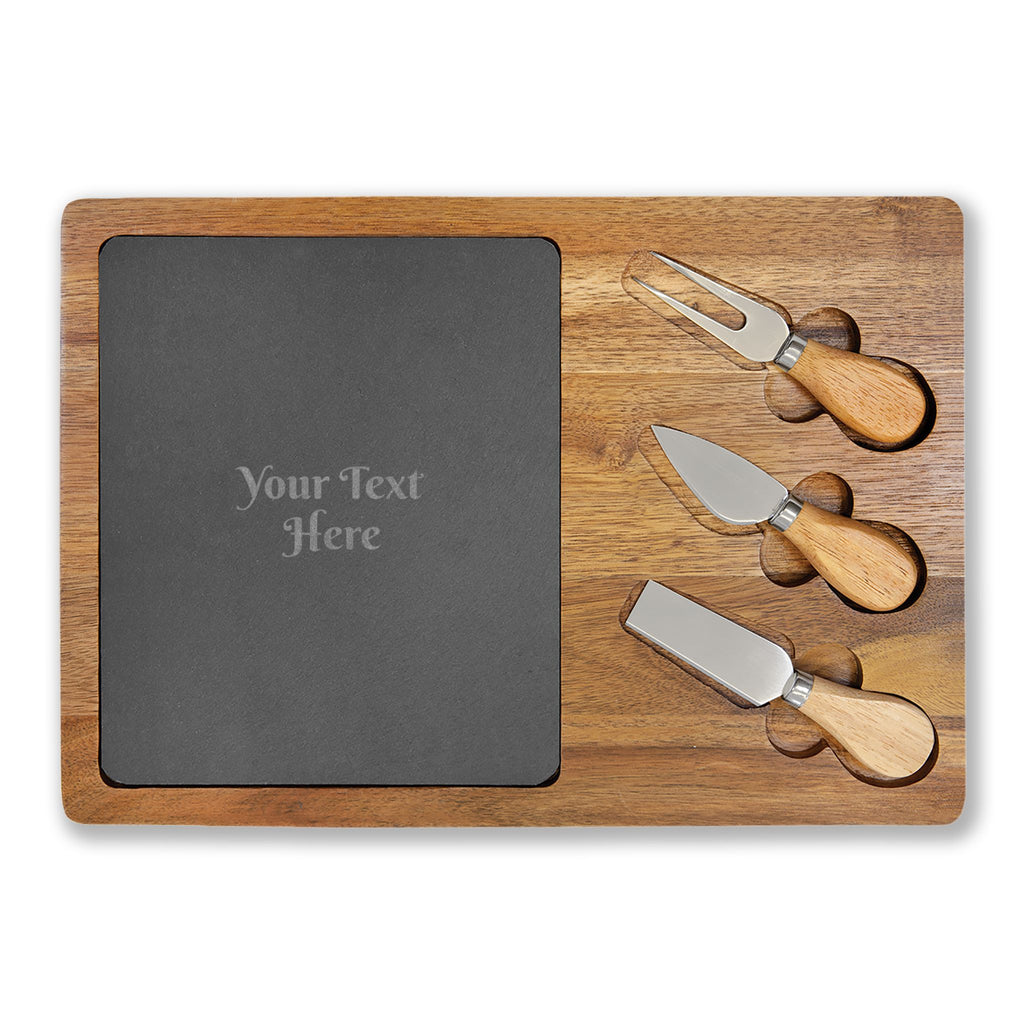 Engraved Acacia Charcuterie Board with Slate Insert & Cheese Knife Set — Personalized Cheese Board Gift