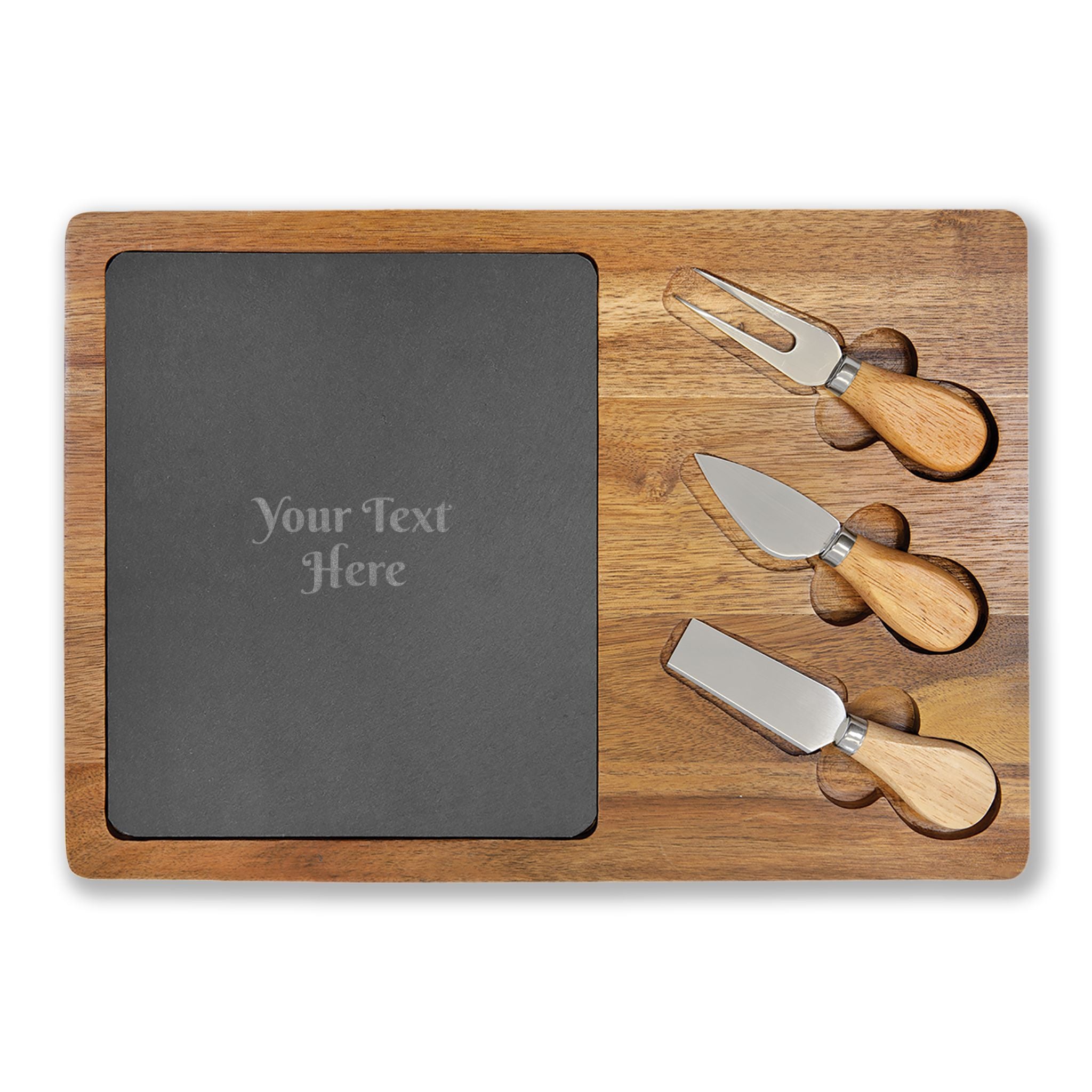 Engraved Acacia Charcuterie Board with Slate Insert & Cheese Knife Set — Personalized Cheese Board Gift