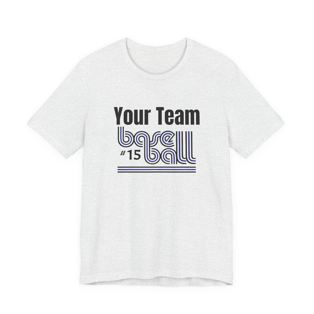 Custom Team-Name Jersey Tee — Blue & Black Retro Line Design