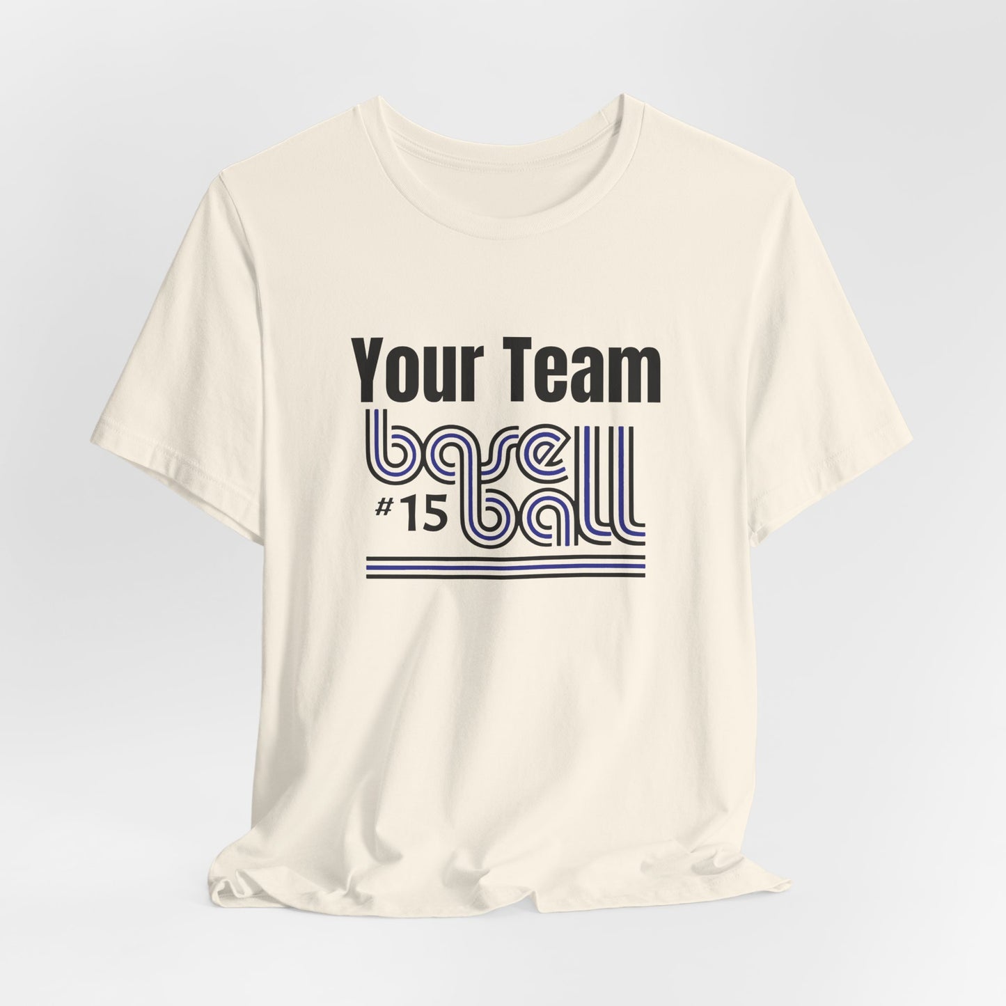 Custom Team-Name Jersey Tee — Blue & Black Retro Line Design