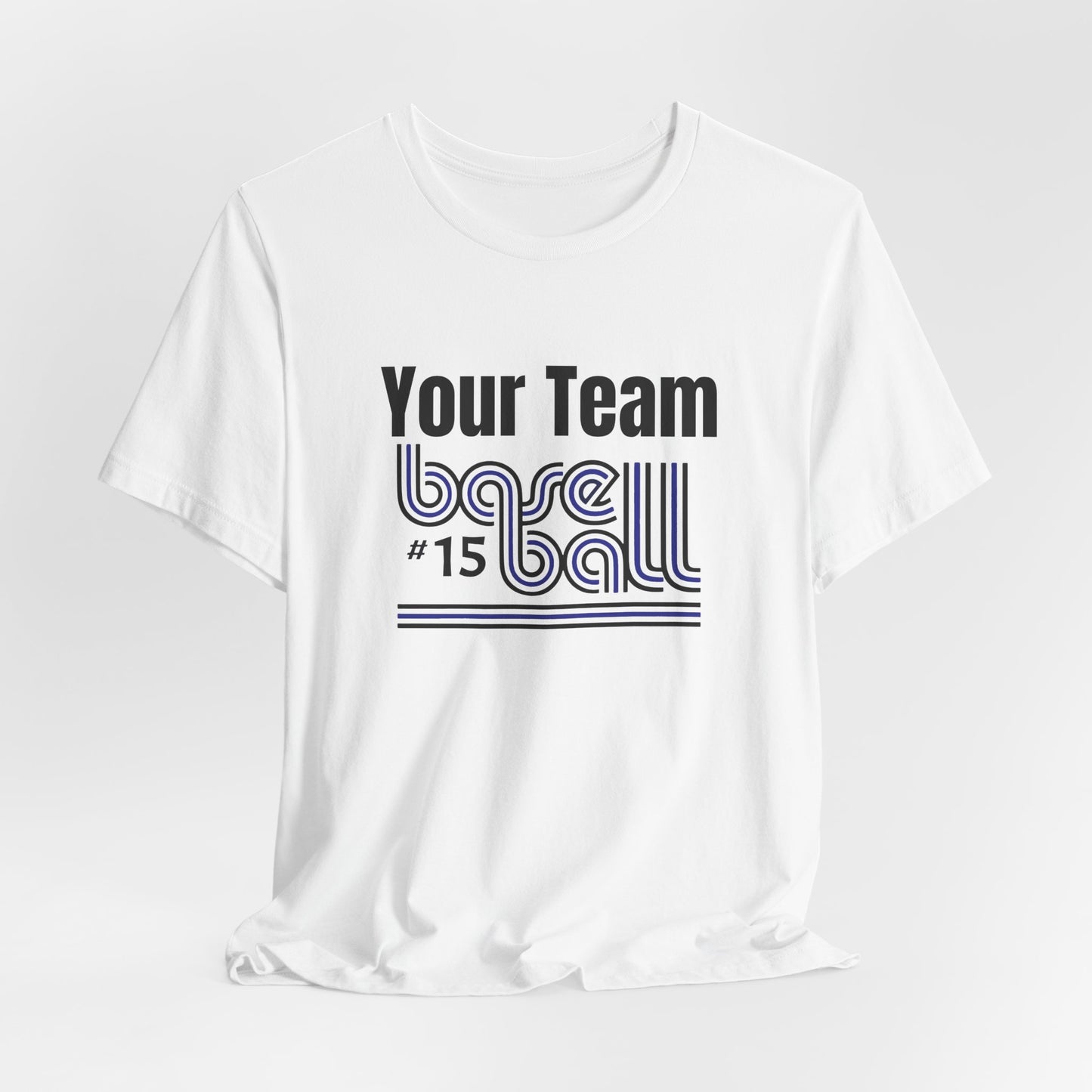 Custom Team-Name Jersey Tee — Blue & Black Retro Line Design
