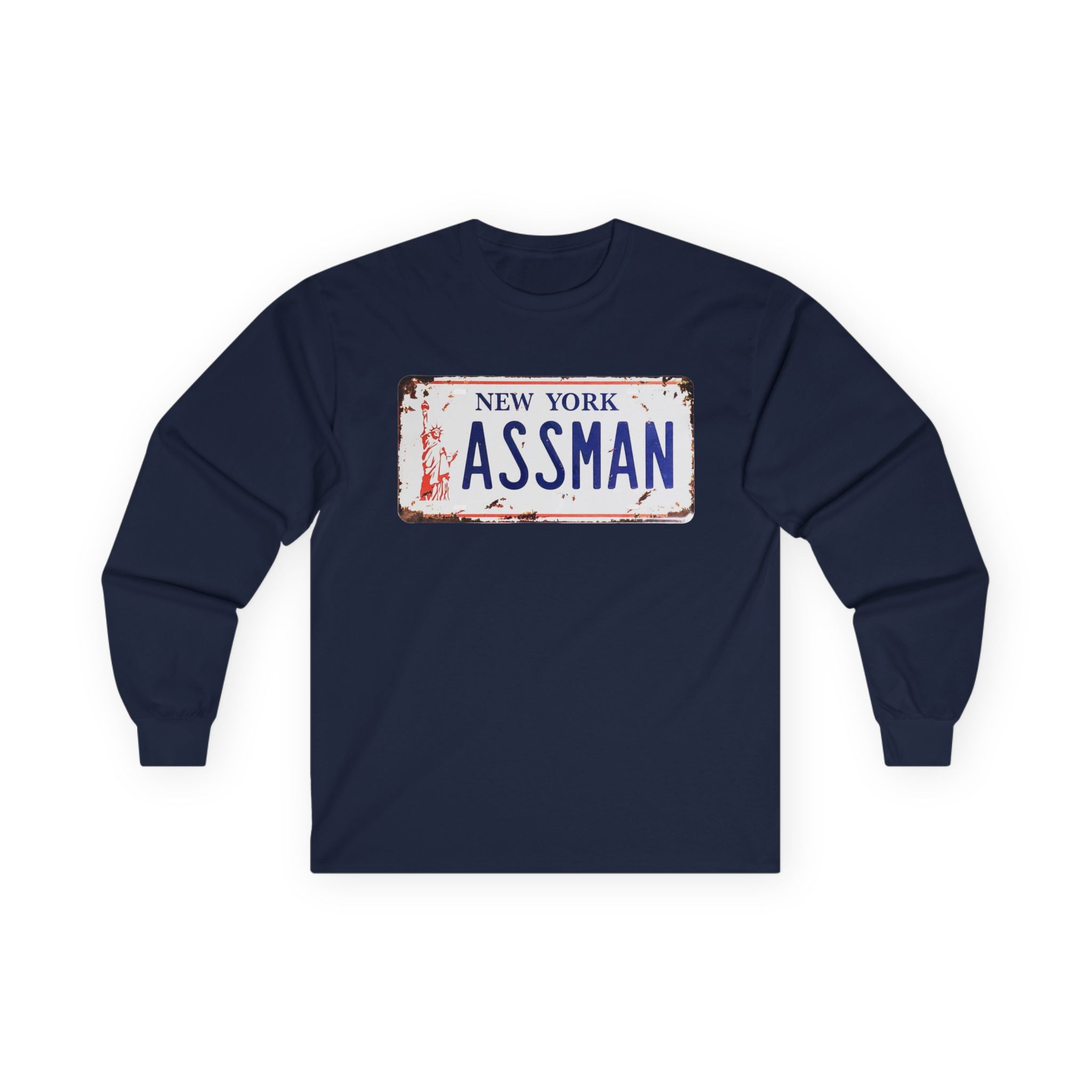 Assman License Plate Long Sleeve Tee — Funny New York Retro Graphic Shirt