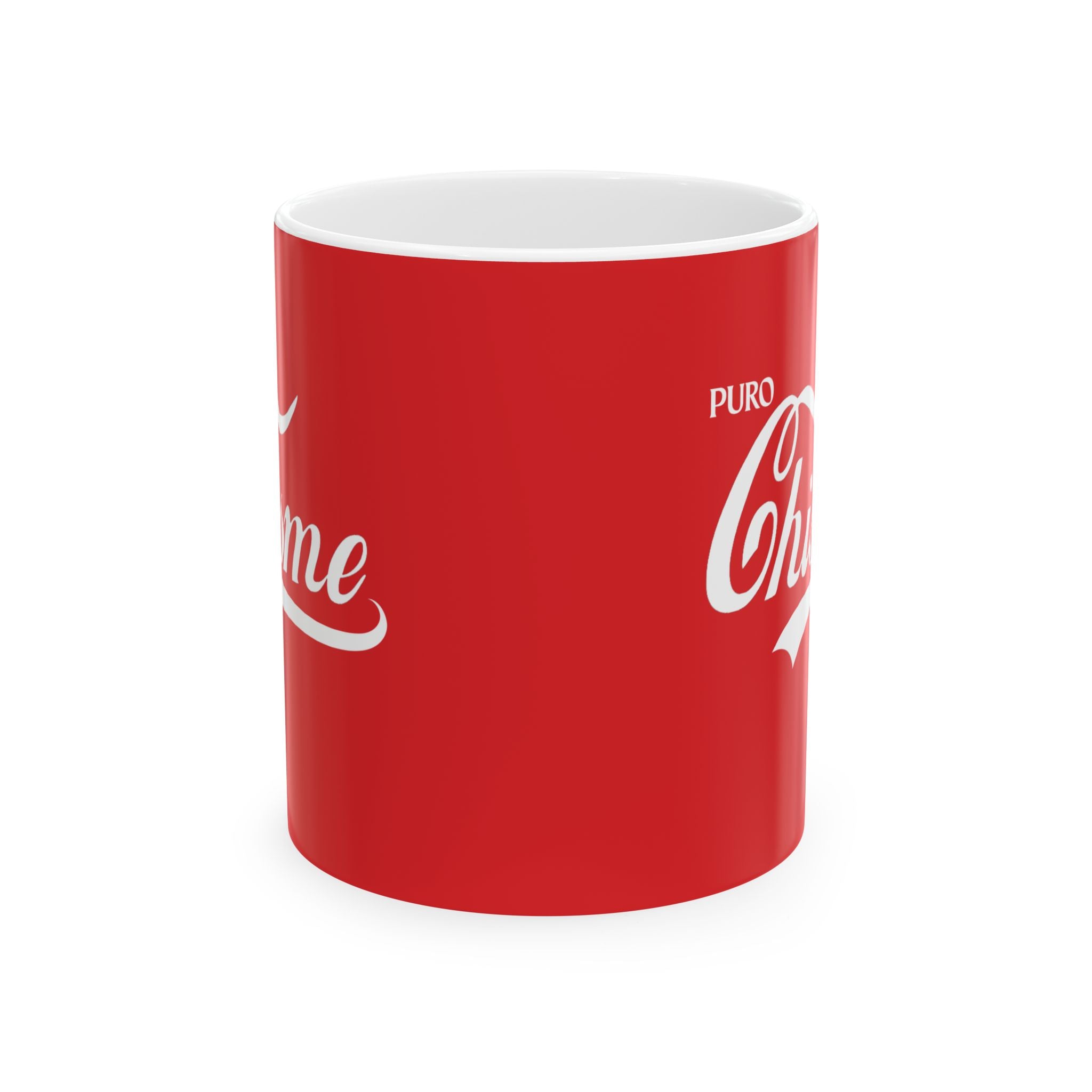 Puro Chisme Red Ceramic Mug — Retro Script Coffee Cup