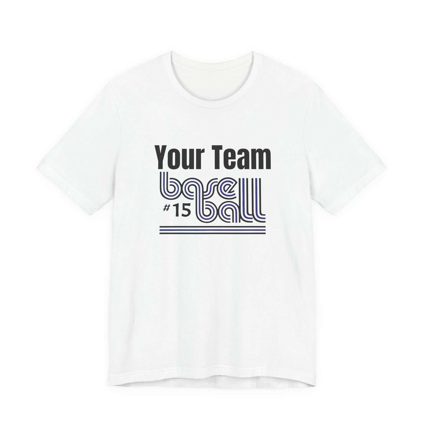 Custom Team-Name Jersey Tee — Blue & Black Retro Line Design