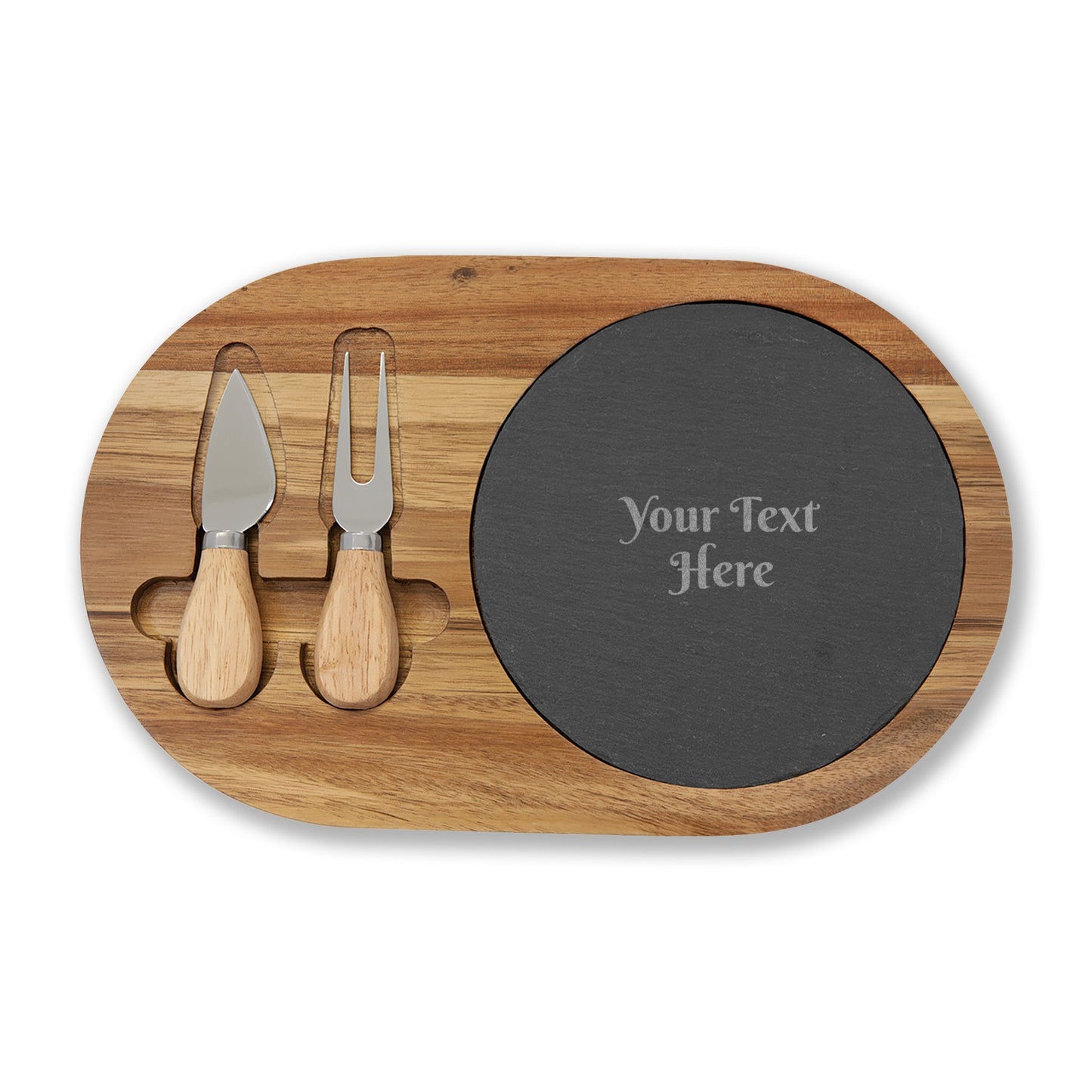 Engraved Acacia Charcuterie Board with Slate Insert & Cheese Knife Set — Personalized Cheese Board Gift