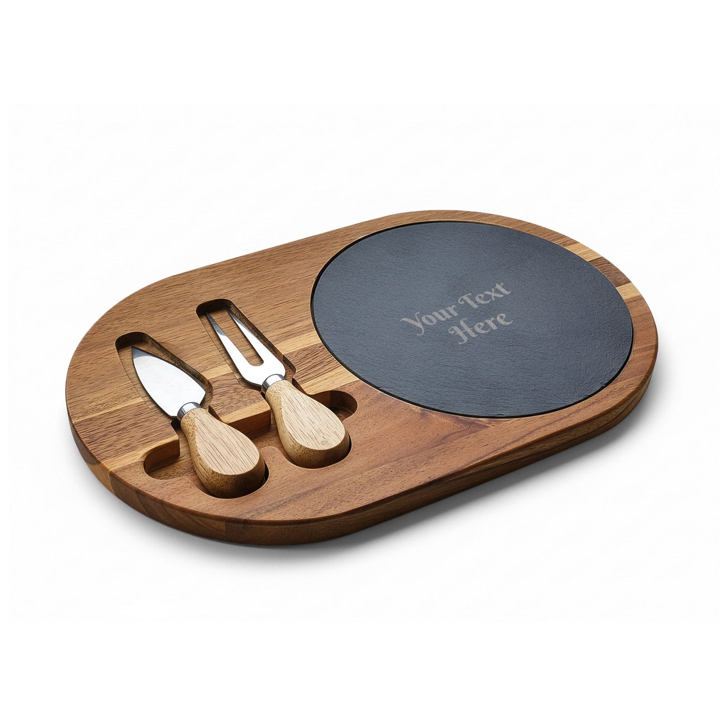 Engraved Acacia Charcuterie Board with Slate Insert & Cheese Knife Set — Personalized Cheese Board Gift