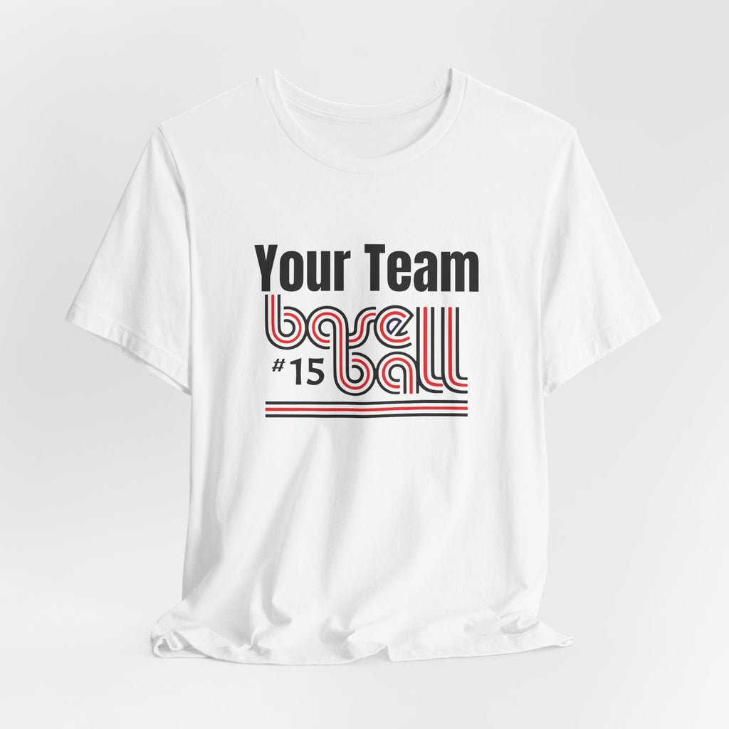 Custom Team-Name Jersey Tee — Red & Black Retro Line Design
