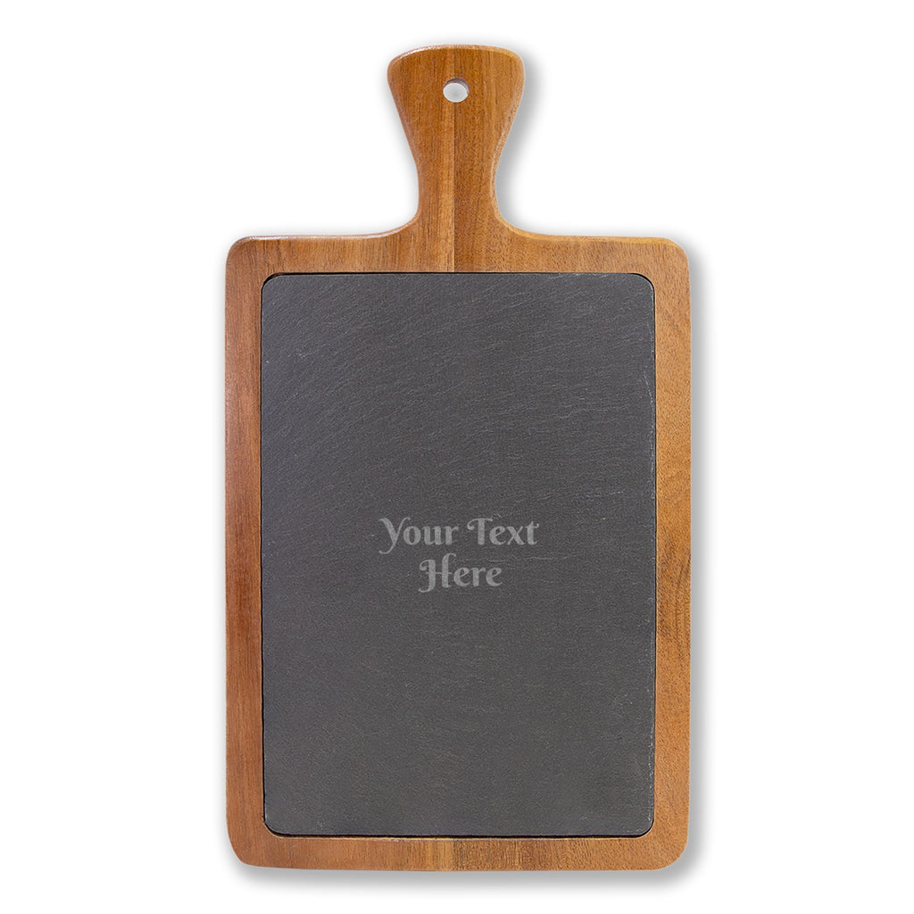 Engraved Acacia Charcuterie Board with Slate Insert & Cheese Knife Set — Personalized Cheese Board Gift