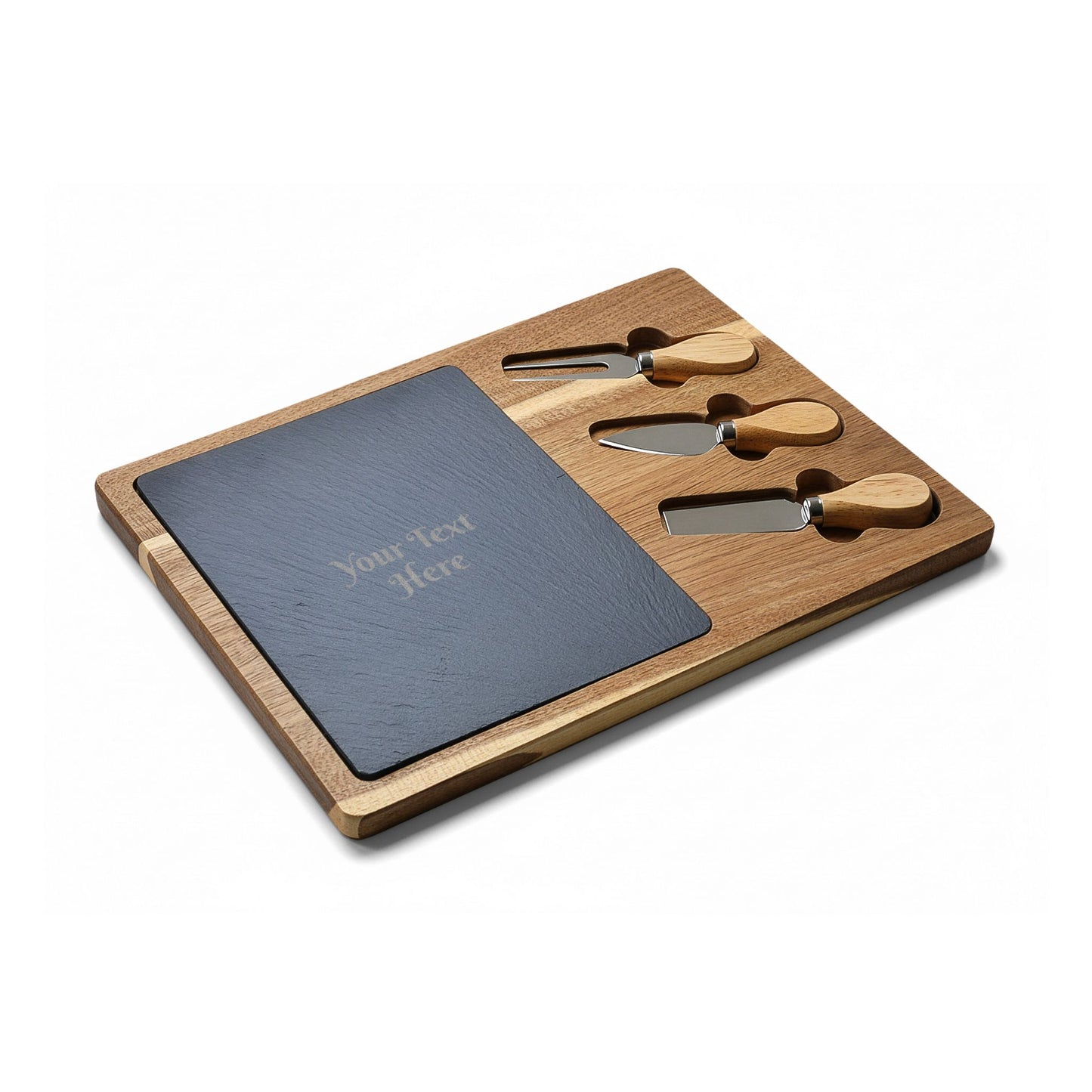 Engraved Acacia Charcuterie Board with Slate Insert & Cheese Knife Set — Personalized Cheese Board Gift